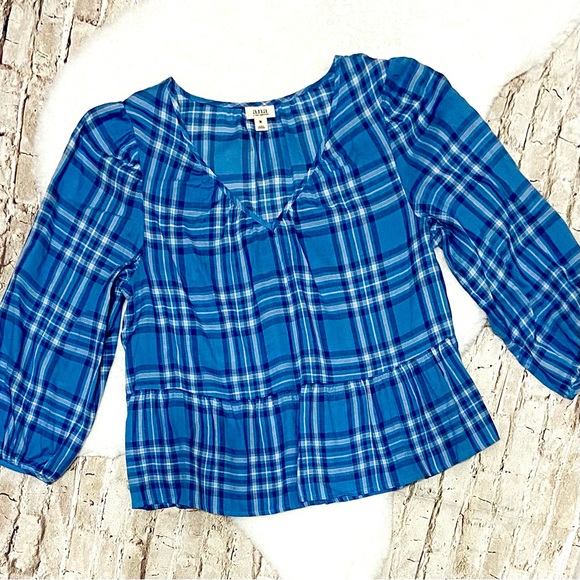 ana Blue Plaid Peplum Peasant Blouse Size Medium - Picture 1 of 6